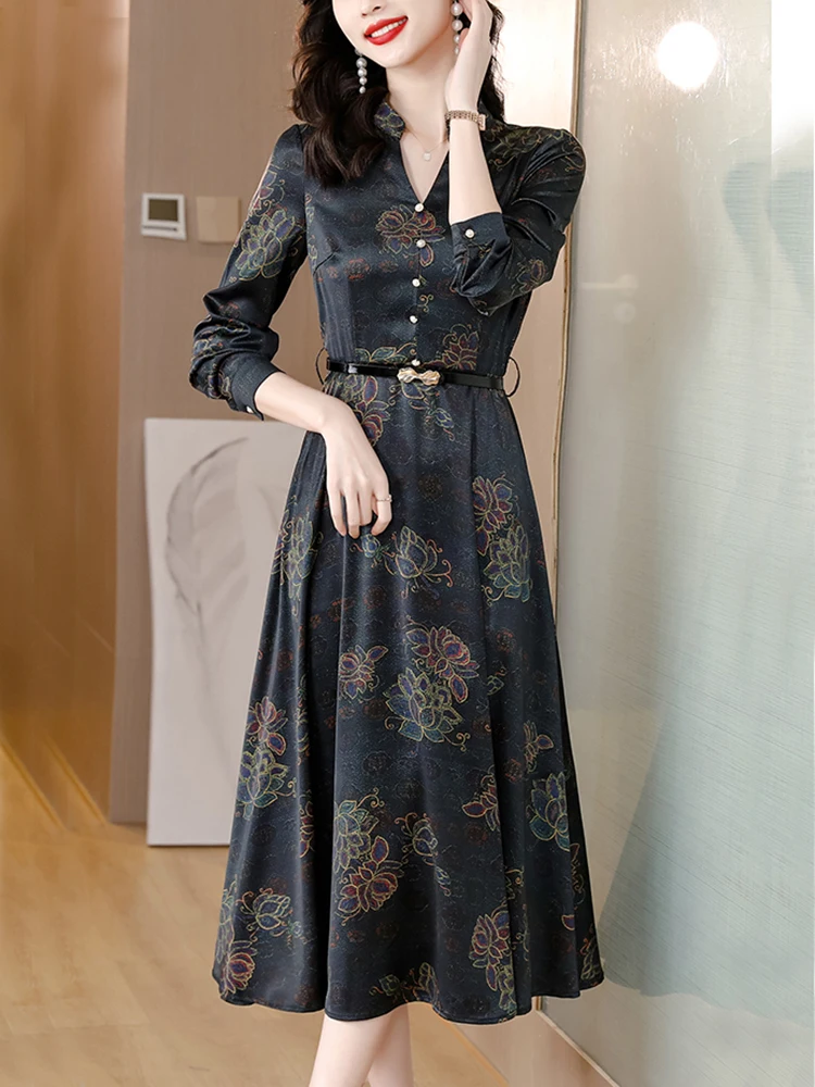 

Autumn Winter Black Floral Acetate Satin Midi Dress Women Korean Vintage Hepburn Dress 2022 Elegant Bodycon Casual Night Dresses