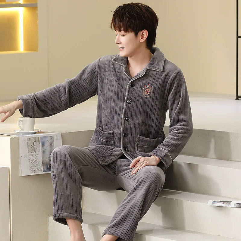 QUHENG 2022 Winter Pajamas for Man Set Flannel Plus Size Pijamas Pocket Buttons 2 Pieces Home Clothes Suits Pyjama Sleepwear