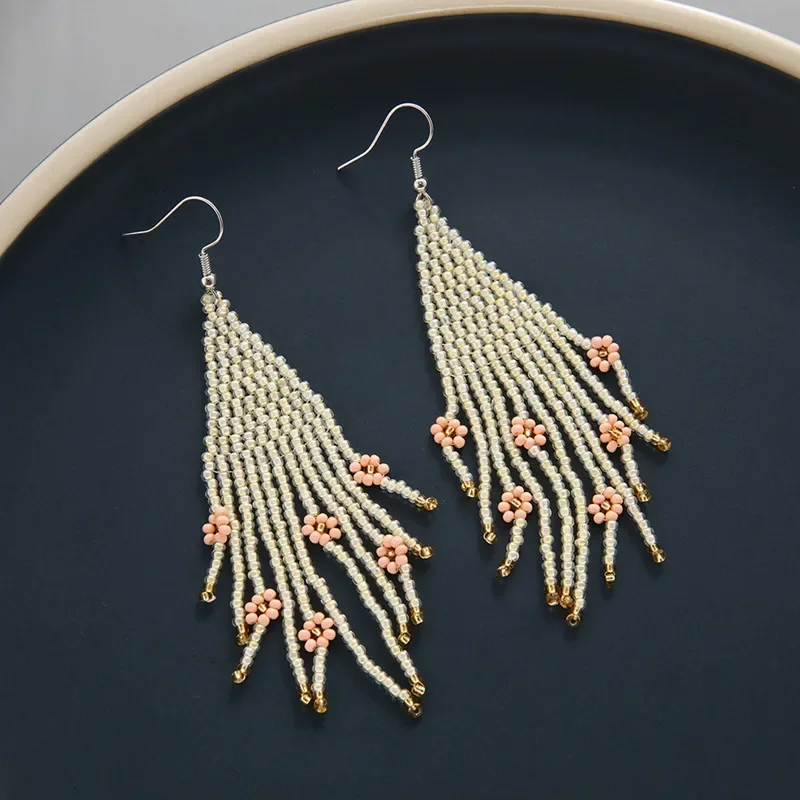 Серьги с бахромой модные цветы ручной работы универсальные бисерные простота