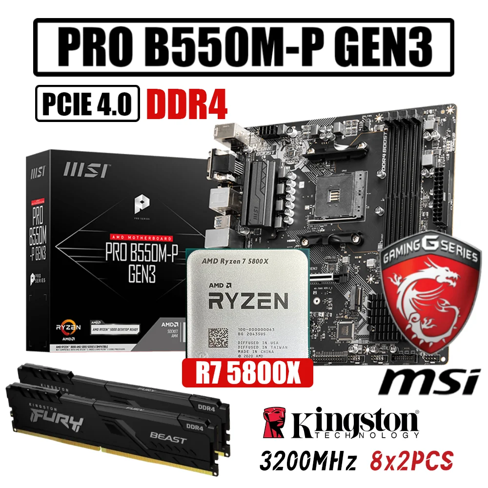 

MSI B550M-P GEN3 Combo DDR4 Motherboard AM4 With AMD Ryzen 7 5800X Processor Kit Fury DDR4 3200MHz 16G Memory Desktop Brand New