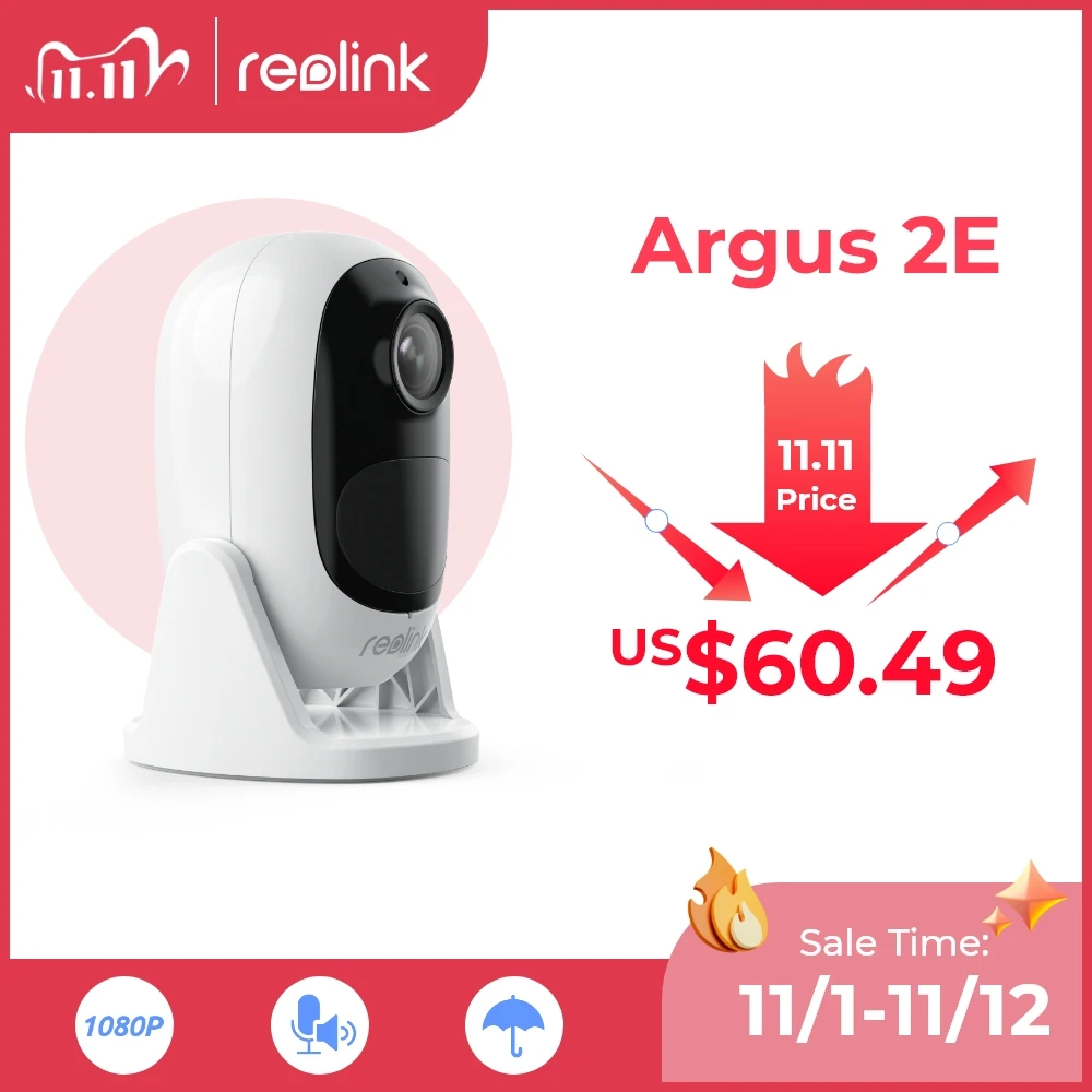 Цена Камера Reolink Argus 2E с питанием от аккумулятора, Wi-Fi, 1080P Full HD, инфракрасным датчиком движения, двусторонней аудиосвязью, уличная, защищенная от а...