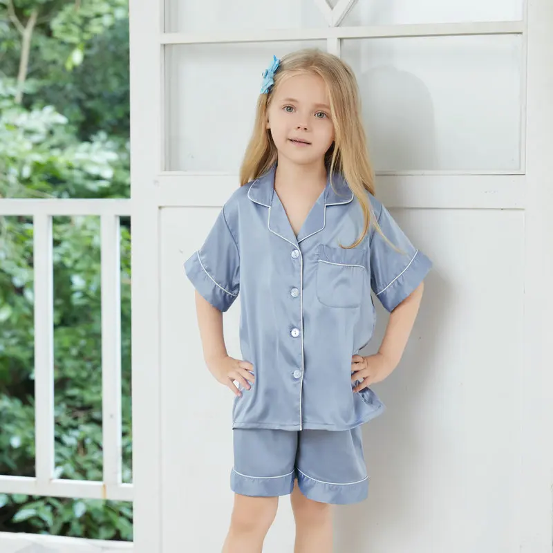 Children Colorful Summer Short Pajama Set Wholesale Baby Girls Silk Pajama Set 2pcs Short Sleeve With Shorts Summer Sleepwear