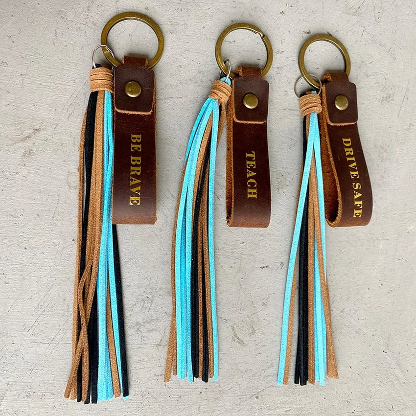

BE BRAVE Teach Letter Embossed Genuine Leather Keyring Key Fob with Blue Brown Black Velvet Tassel Keychain Vintage Gold Color