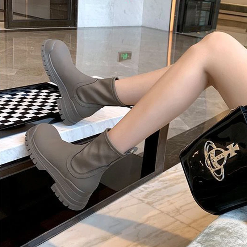 

Fashion Boots Women Black Chelsea Woman Boots Knitting Thick Heel Stretch Women Boots Shoes Women Platform Boots Women Shoes