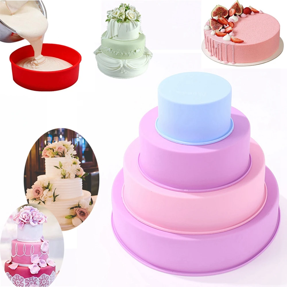 

4Pcs Silicone Cake Mould Round Cake Pan Set Non-Stick Baking Molds Bakeware Tray With Turntable for Birthday Party Wedding