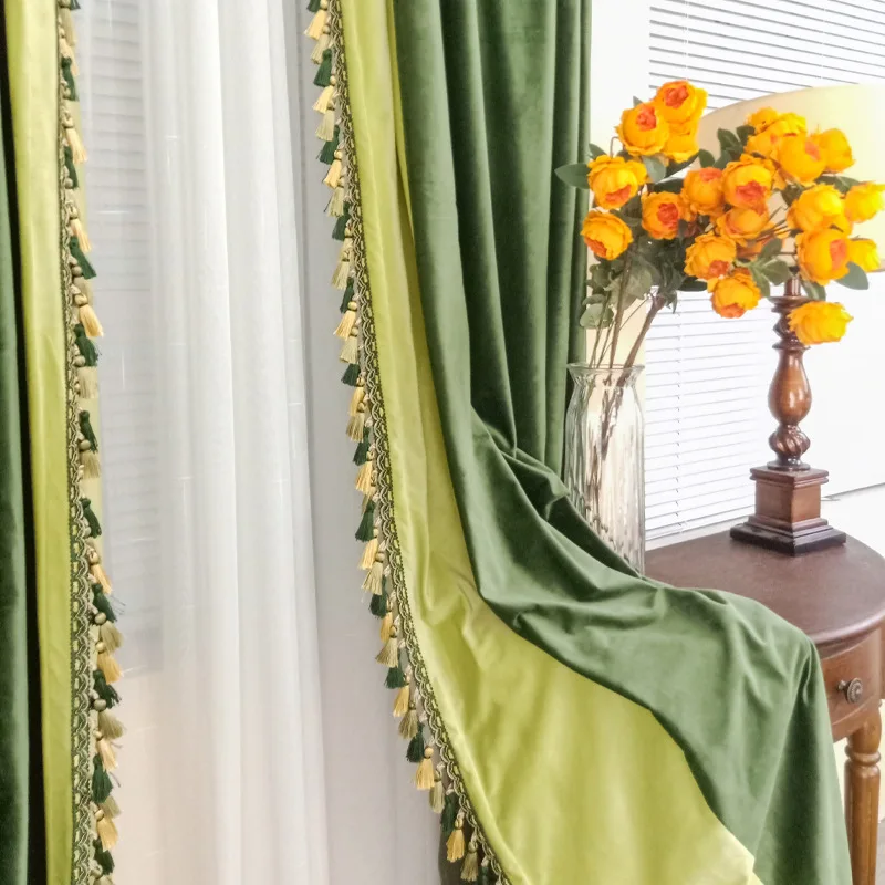 

Curtains for Bedroom Living Dining Room American Retro Olive Green High Shade Velvet Solid Green French Luxury Windows Door