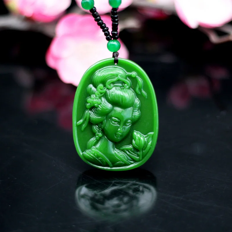 

Natural Green Jade Beauty Pendant Necklace Chinese Jadeite Hand-Carved Fashion Charm Jewelry Crafts Amulet Gifts for Women Men