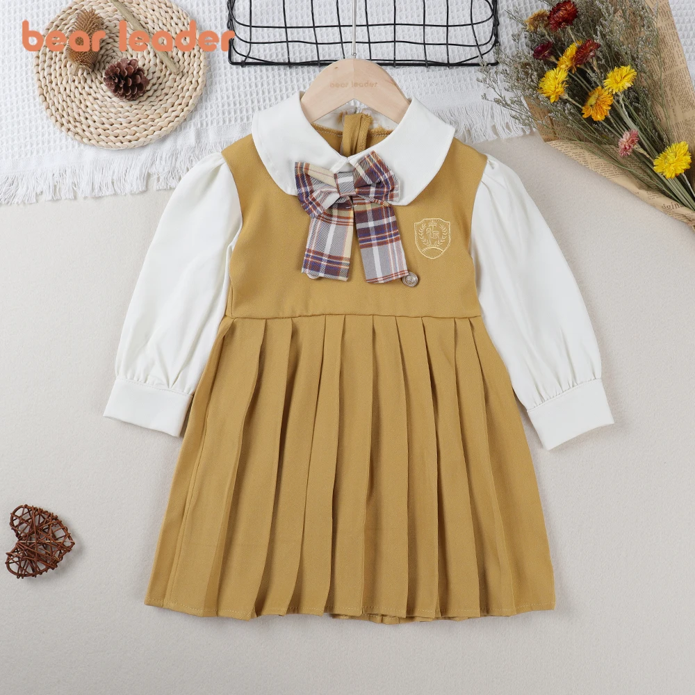 

Bear Leader/платье для девочек; Сезон весна-осень; Милое платье для девочек в консервативном стиле; Плиссированное платье в клетку с воротником; К...