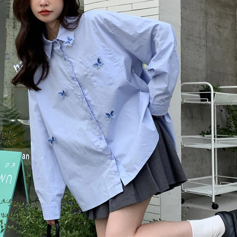 Рубашки с украшением в виде синей бабочки женские свободные топы отложным