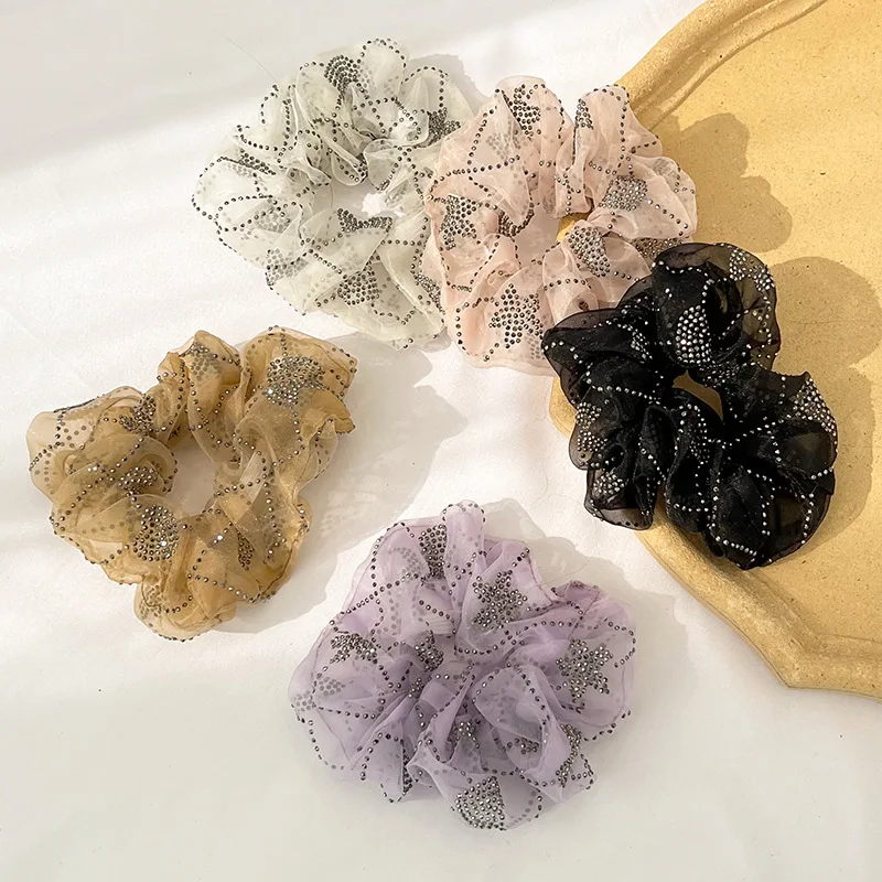 

Girl rubber band hair ring new super fairy hot drill mesh pleated large intestine hair ring head rope hair accessories