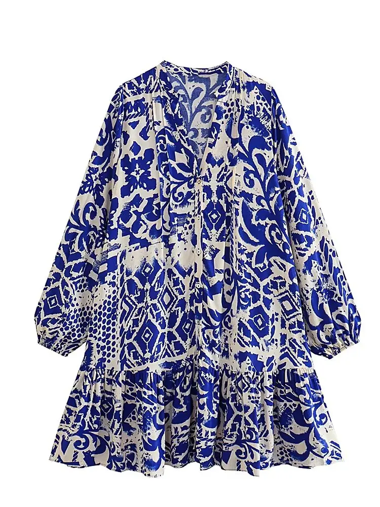 

ZXQJ 2023 Women Fashion With Ruffled Print Mini Dress Vintage Long Sleeve Front Button Female Dresses Vestidos Mujer