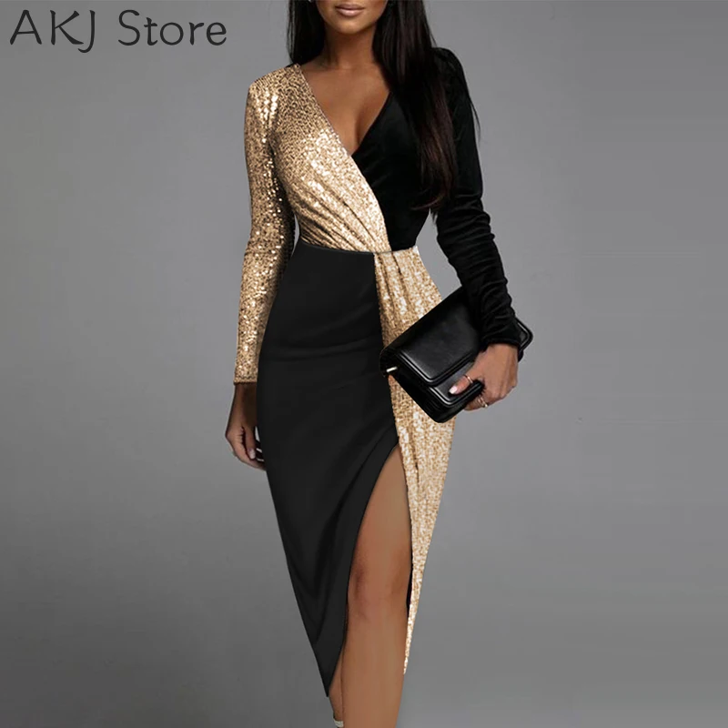 

Женское бархатное вечернее платье до бедра с длинным рукавом и контрастными блестками