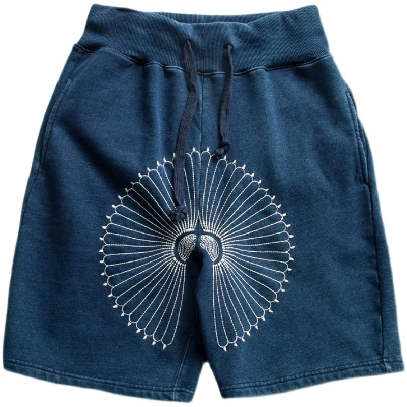 Japanese Men's Blue Dyed Embroidered Chrysanthemum Shorts Elastic Waist  Men's Casual Loose Cotton Short Pants In Summer