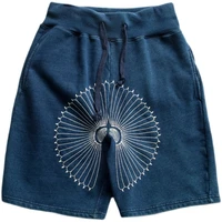 japanese mens blue dyed embroidered chrysanthemum shorts elastic waist mens casual loose cotton short pants in summer