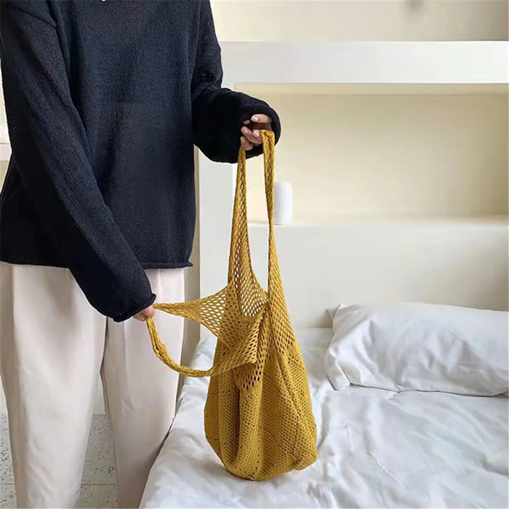 Модная вязаная женская сумка на плечо летняя пляжная сумка-тоут крючком большой