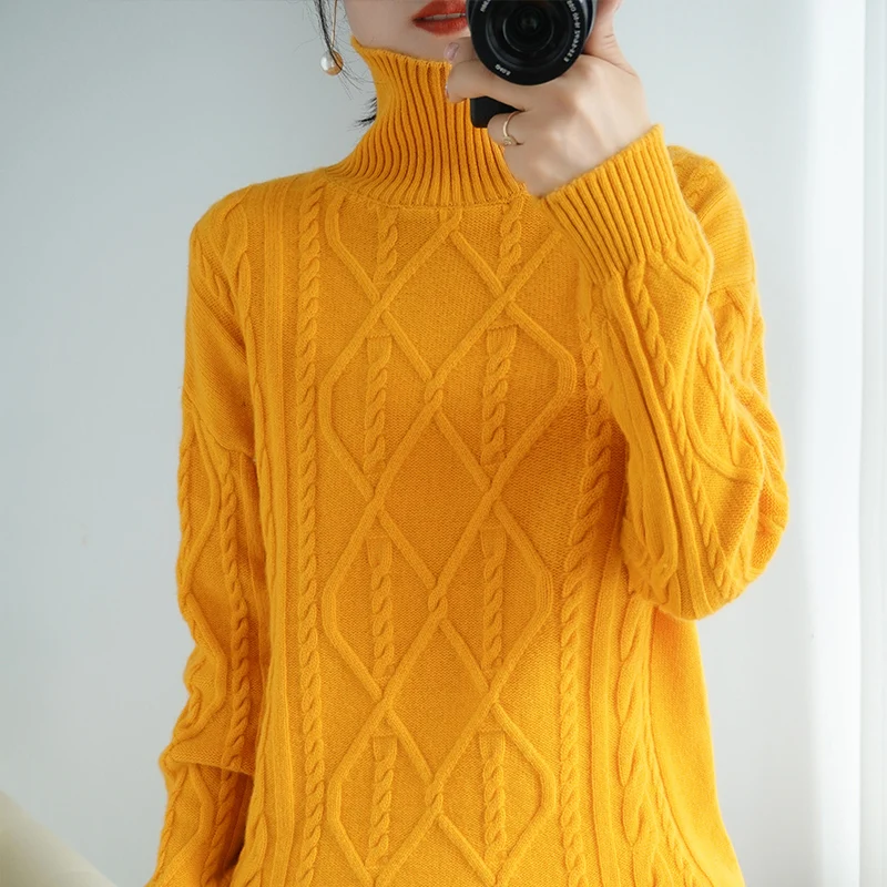 

Winter Women's Sweaters Thick Casual Turtleneck Long Sleeve Solid 100% Wool Knitted Female Pullover Tops Clothing Jumper Blo