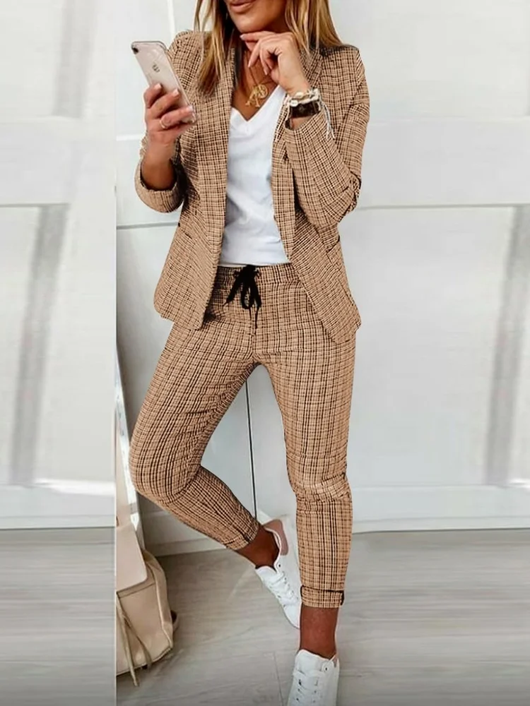 

2022 Women's Fashion Casual Print Plaid Blazer 2pcs Sets Pink Long Sleeve Jackets and Pants Suit Spring Women's Clothing Khaki