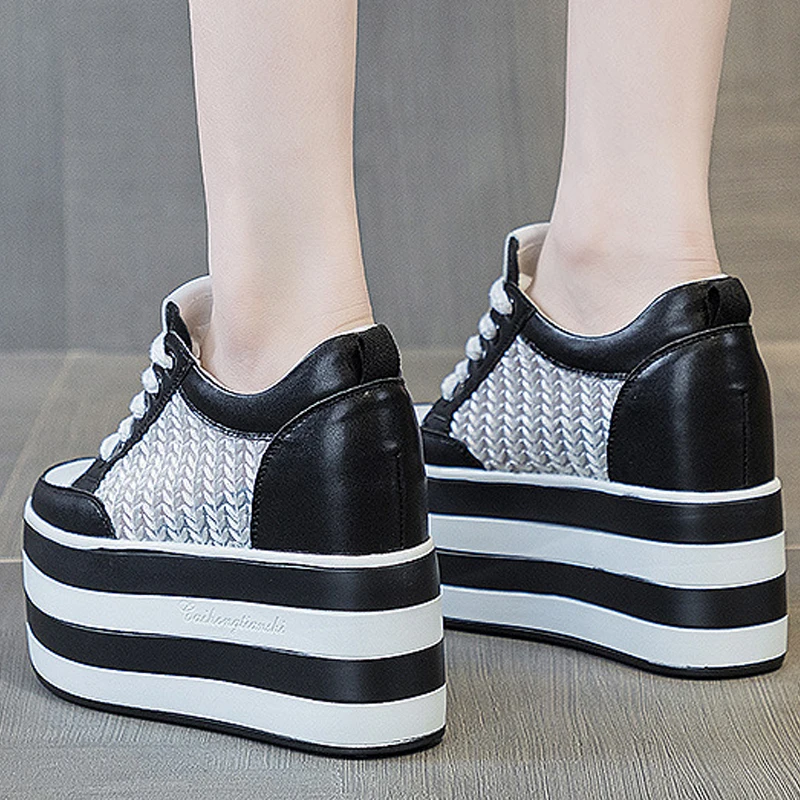 Genuine Leather 12cm Air Mesh Chunky Sneakers Wedge Platform Lace Breathable Heels Hollow Shoes Vulcanized Summer Women Shoes