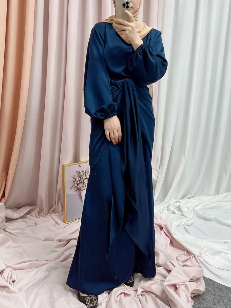 Eid 2 штуки Abaya комплект платья мягкий сатин Женская мода мусульманская длинная блестящая юбка с запахом костюм Дубай Турецкая скромная одежд...