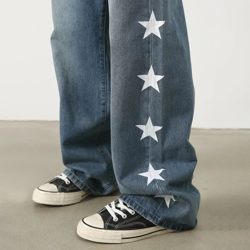 HOUZHOU Y2K Star Jeans Men Distressed Denim Wide Leg Trousers Hip Hip Harajuku Loose Casual Pants with Print Korean Streetwear