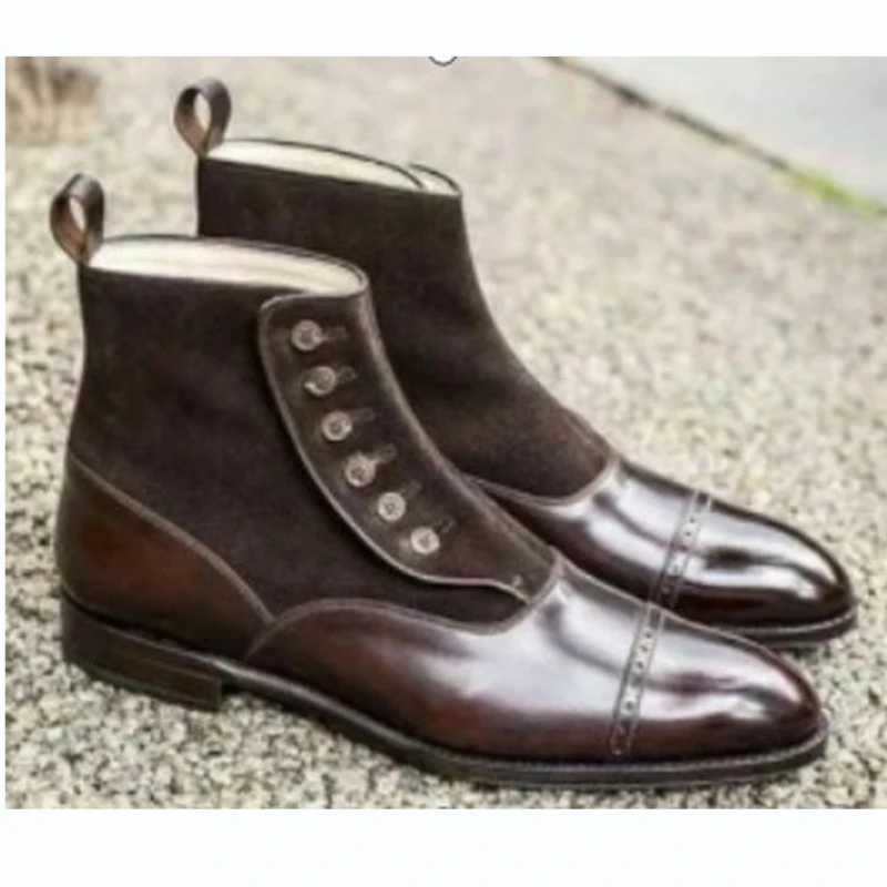 

Cowboy Boots Men Boots Pu Stitched Low Heel Button Decorated Ankle Professional Classic Comfortable Business Official Boots D103