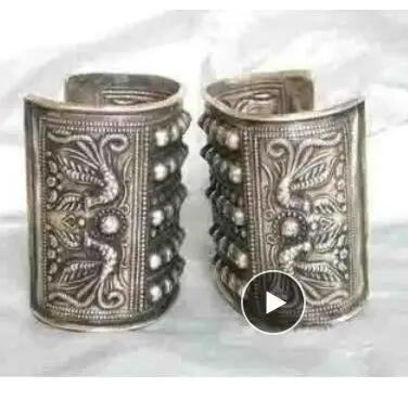 A PAIR Handcrafted Superb Jewelry Flower Carved Phoenix Tibetan Miao Bracelet Bangle Height 9.2cm Internal Diameter Can Adjusted
