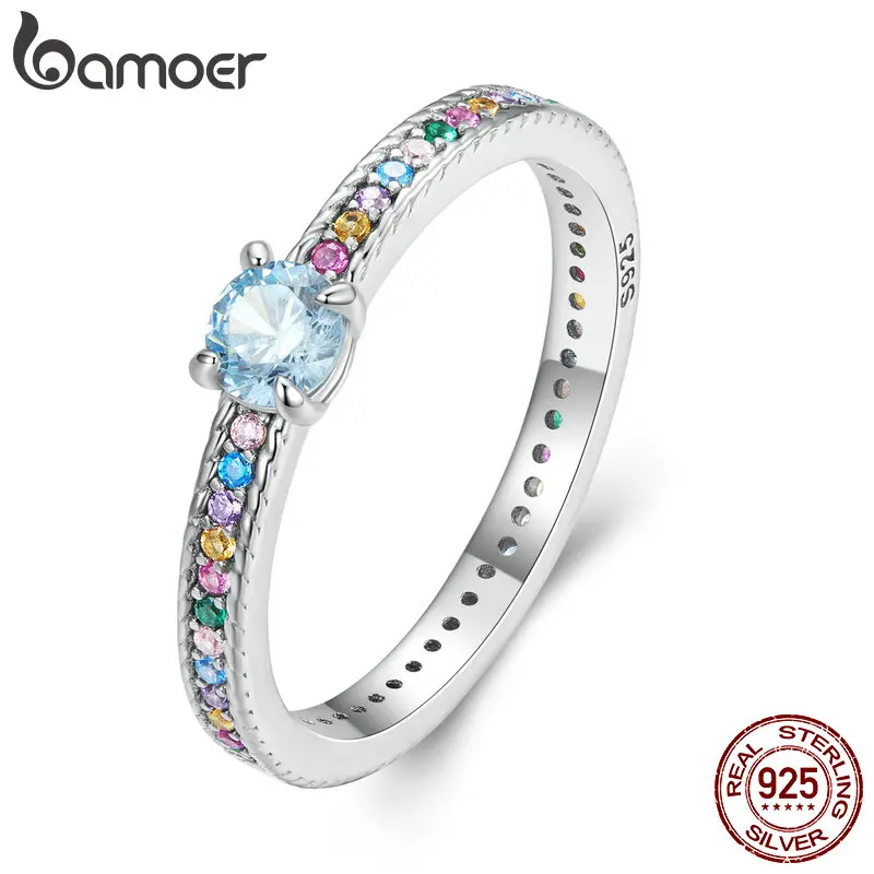 Bamoer 925 Sterling Silver Simple Colorful Finger Ring Multi-color Zircon Ring for Women Birthday Gift Fine Jewelry BSR319