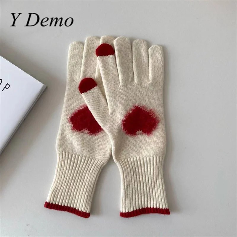 

Y Demo Y2k повседневные цветные вязаные перчатки в форме сердца для женщин плюшевые теплые милые варежки на пальцы зимние для верховой езды