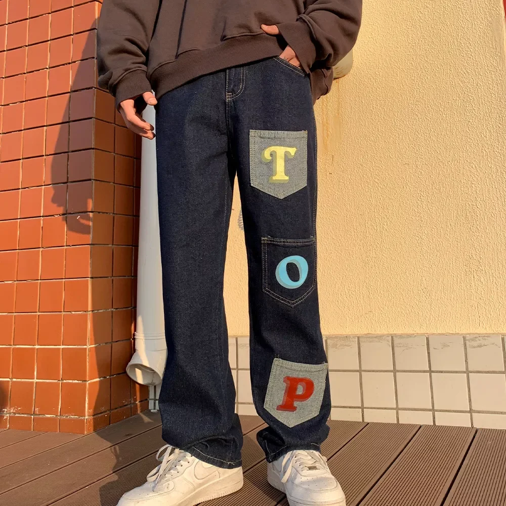 2022New T O P Printed Jeans Multi-pockets Denim Straight Jean Pants Navy blue Men's Hip Hop Jeans Neutral Streetwear denim T