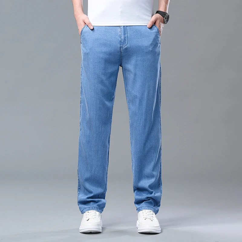 

Мягкие мужские джинсы Sulee из лиоцелловой ткани, тонкие свободные прямые брюки на завязках, эластичная талия, повседневные ледяные шелковые брюки