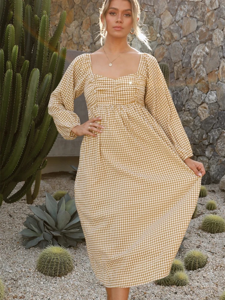 

2022 Autumn Chiffon Fashion Casual Plaid Long Sleeve Pleated Loose Square Neck Long Midi A-Line Dress