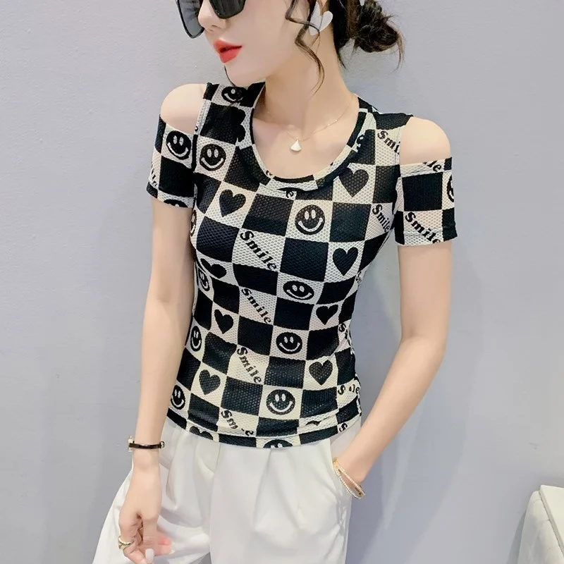 

2022 Summer Off Shoulder T Shirt For Woemn Sexy Skinny Mesh T Shirt Female O-neck Casual Letters Women's Tee Shirt Slim Tight