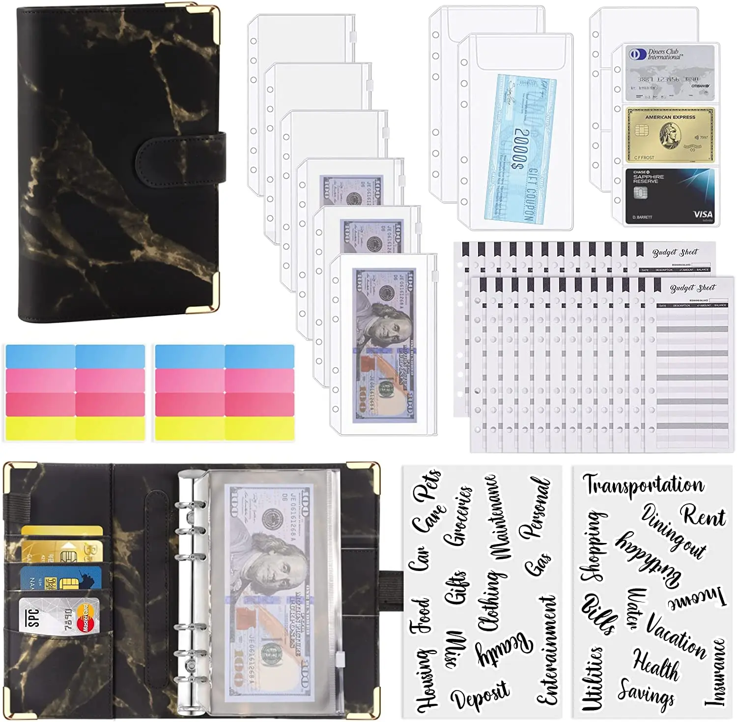 

45 Pcs Budget Binder with Zipper Envelopes,PU Leather Money Organizer for Cash Bills Coupon Card, Budget Planner for Money