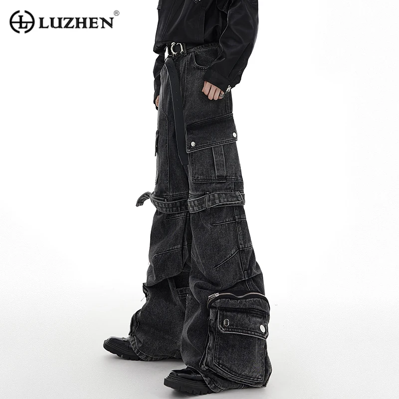 

LUZHEN Men's Baggy Jeans Washed Multi Pocket Jean Overalls Strap Design Wide Leg Workwear Denim Pants 2023 New Darkwear 61b143