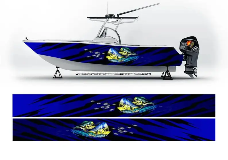 

Синие и черные Mahi Современные линии графическая лодка виниловая упаковка Рыбалка понтон спортсмен тендеры скейфы бойфы палуба лодки море в...