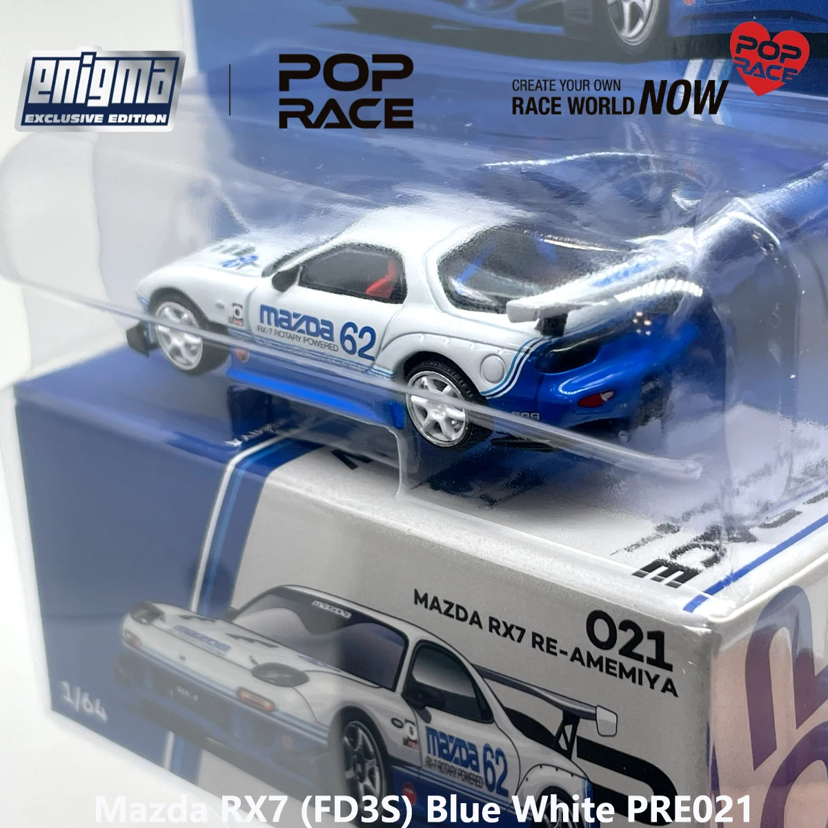 Блистерная упаковка Pop Race PRE021 1:64 Mazda RX7 FD3S RE-Amemiya # 62 эксклюзивных коллекционных моделей автомобилей Enigma в сине-белом цвете, из сплава, JDM (art.: 3920dd3458679) - 3920dd3458679