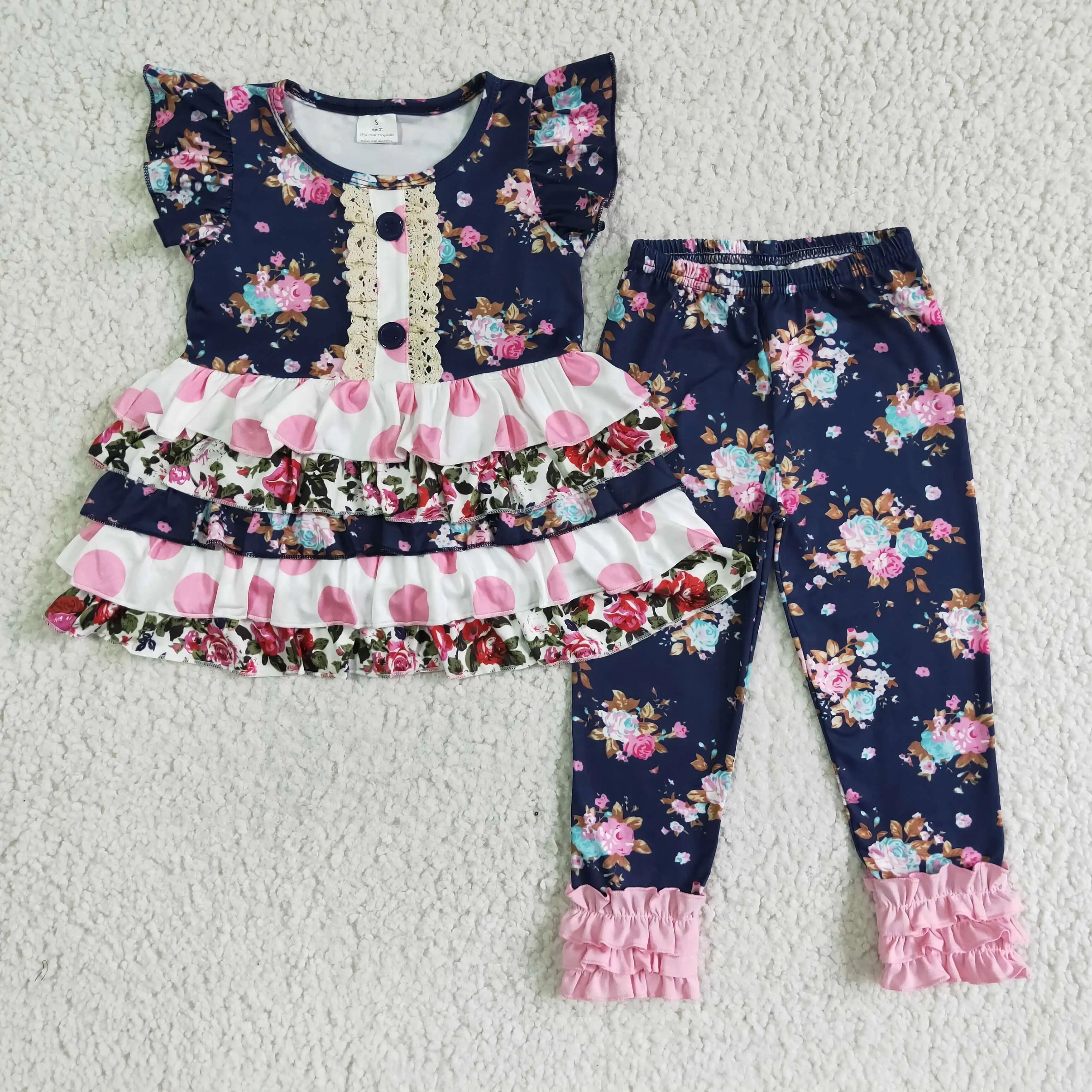 

A13-15 baby girl short sleeve Multi-layer ruffles top and flowers pattern pants spring outfit