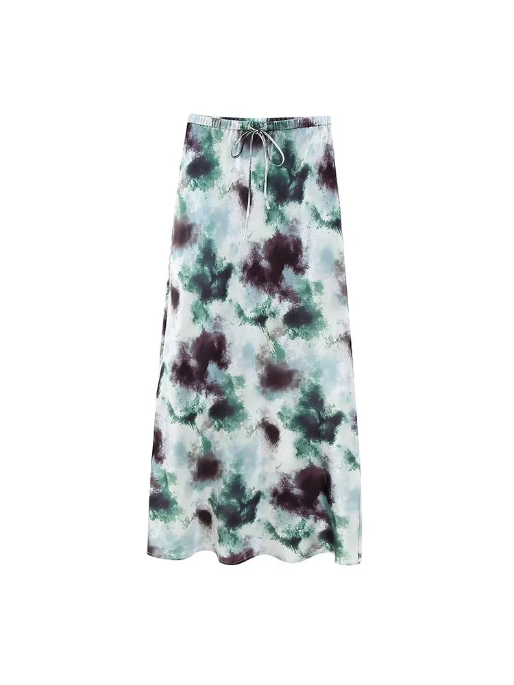 

PB&ZA 2180119 Women 2022 New Chic Fashion Silk satin texture Print Skirt Elastic Waist Drawstring Female Skirts Mujer 2180/119