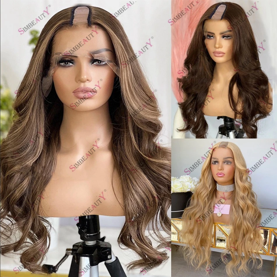 

Wavy Brown Honey Blonde Highlight Human Hair U Part Wig for Black Women 180 Density 1x4 Size Machine Made Easy Install Wigs