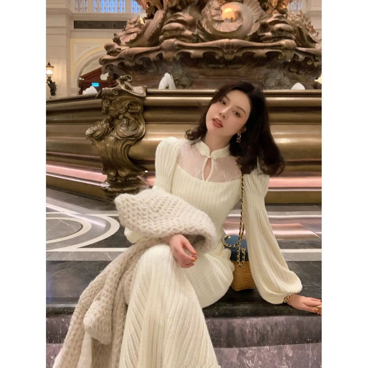 

Gentle Chinese Style Lantern Sleeve Dress Silm Elegant Cheongsam Skirt Women Casual Office Lady Simple Dress Autumn Winter 2023