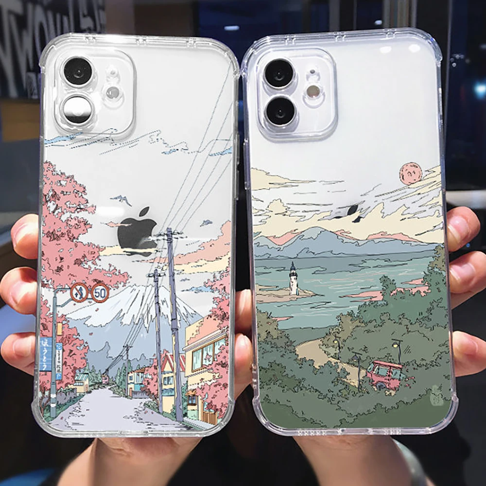 

Korean Sunset Scenery Luxury Clear Phone Case For Funda iPhone 11 13 12 Pro Max 13 12 Mini X XR XS MAX 8 7 6 5 Plus Celula Cover