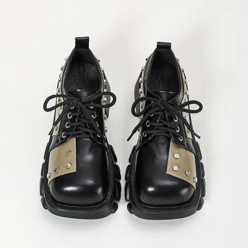 Spring 2023 Trendy Rivet Leather Shoes Women's Special-Interest Design Genuine Leather Chunky Heel Pumps Platform