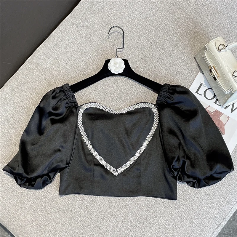 

Summer 2022 New Arrival Short Fluffy Sleeve Square Collar Rhinestone Chain Black T Shirt Women Slim Blouse GB534