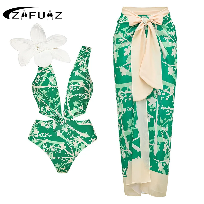 

ZAFUAZ Green 2024 New One-piece Swimsuit Three-dimensional Flower Decoration Bikini Women Beachwear Fashionable and Elegant