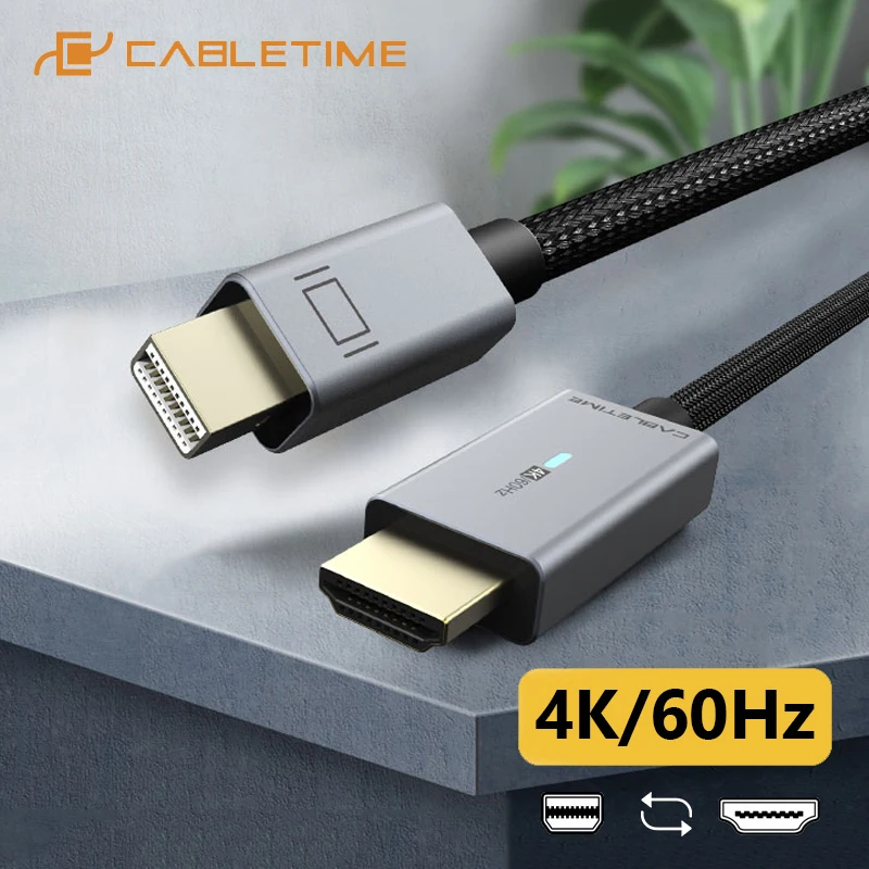 CABLETIME Mini DP to HDMI Cable Thunderbolt 2 Displayport 4K/60Hz Aluminum Shell Converter for Surface Pro6 Dell XPS C324