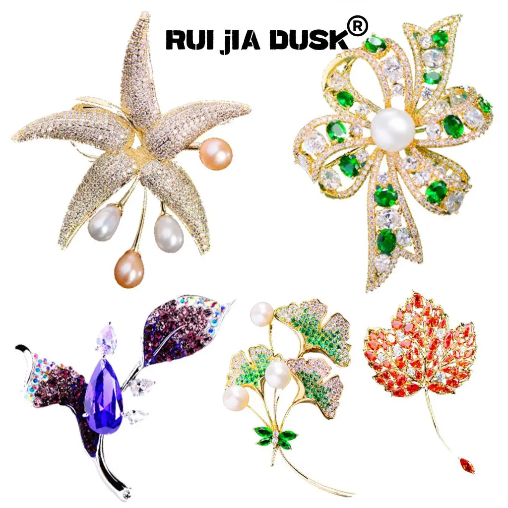 RUI jIA DUSK New Freshwater Pearl Elegant Starfish Brooch Classic Senior Clothing Accessories Women's Maple Leaf Set Ruby Brooch