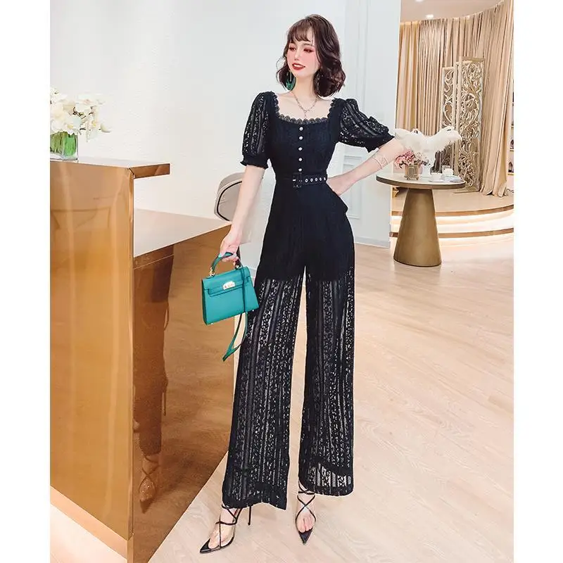 

Women 2022 Summer New Elegant Jumpsuit Female Fashion Embroidery Lace Elegant Romper Office Lady Slim Playsuits Overalls F25