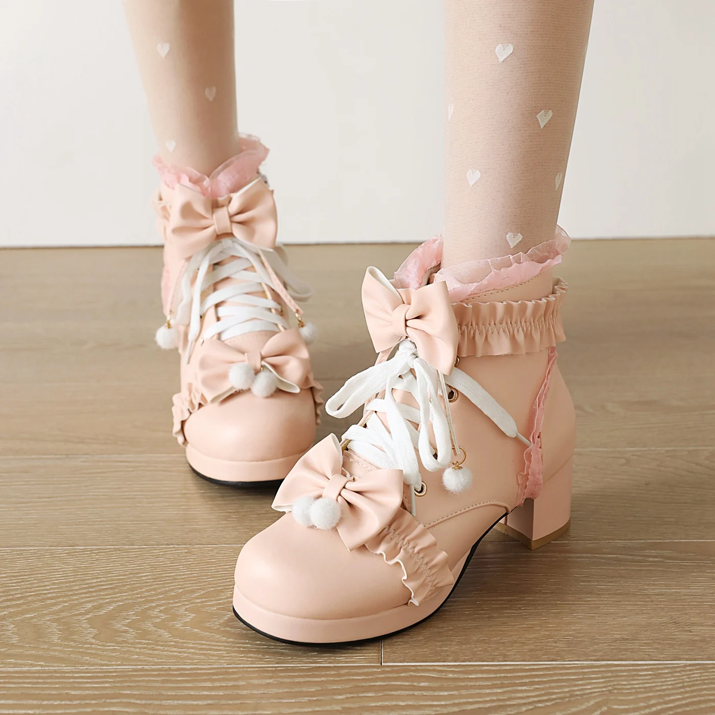 

Girls' Boots Pink Lolita Shoes Japanese LOLITA Short Boots Sweet Lace Bow Shoes High Tube Lolita Princess Boots
