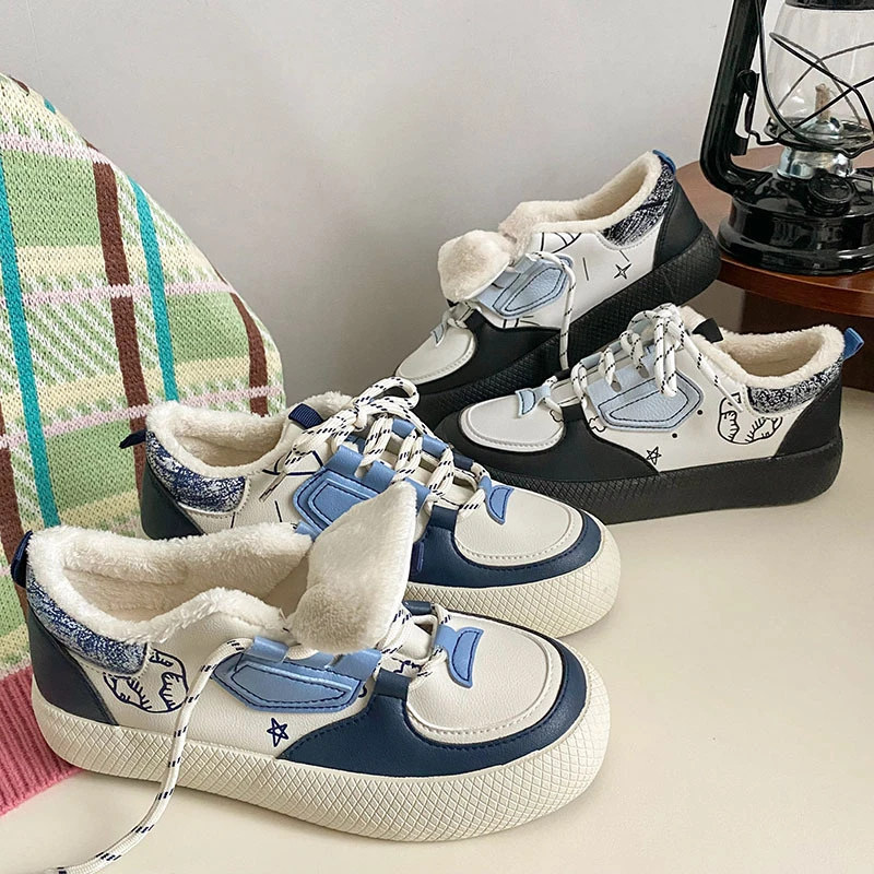 

Designer Winter Warm Sneakers Women 2022 Platform Plush Woman Sports Sneakers Female Vulcanized Shoes Fur Suede Cotton Shoes New