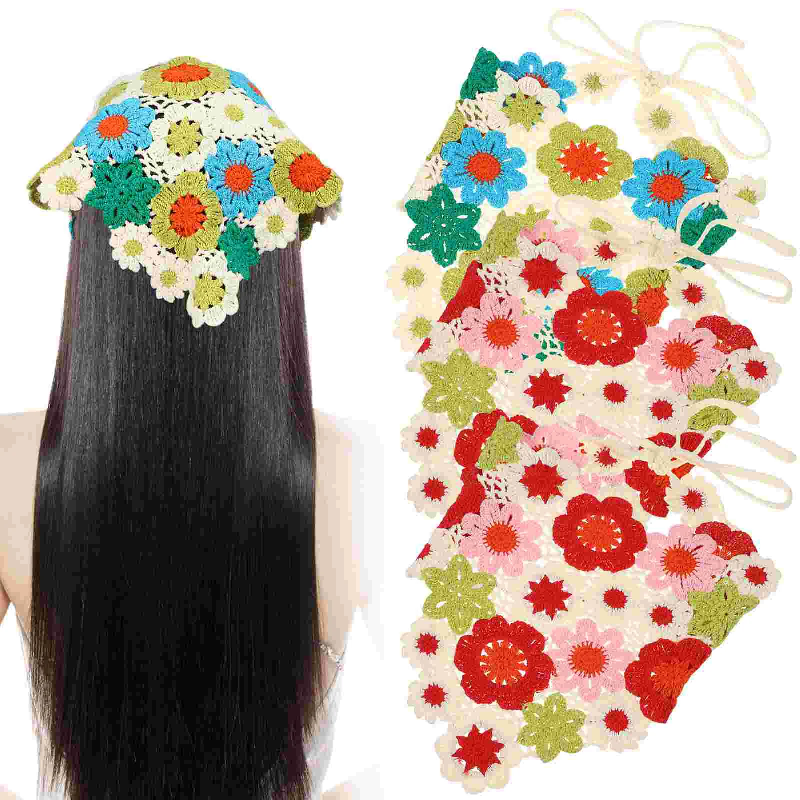 

3Pcs Crochet Hair Kerchief Flower Hair Bandanas Tie Bcak Headwrap for Women